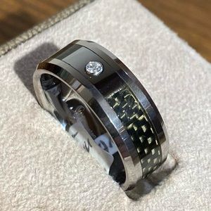 Natural diamond and carbon fiber inlay tungsten wedding band / mens ring